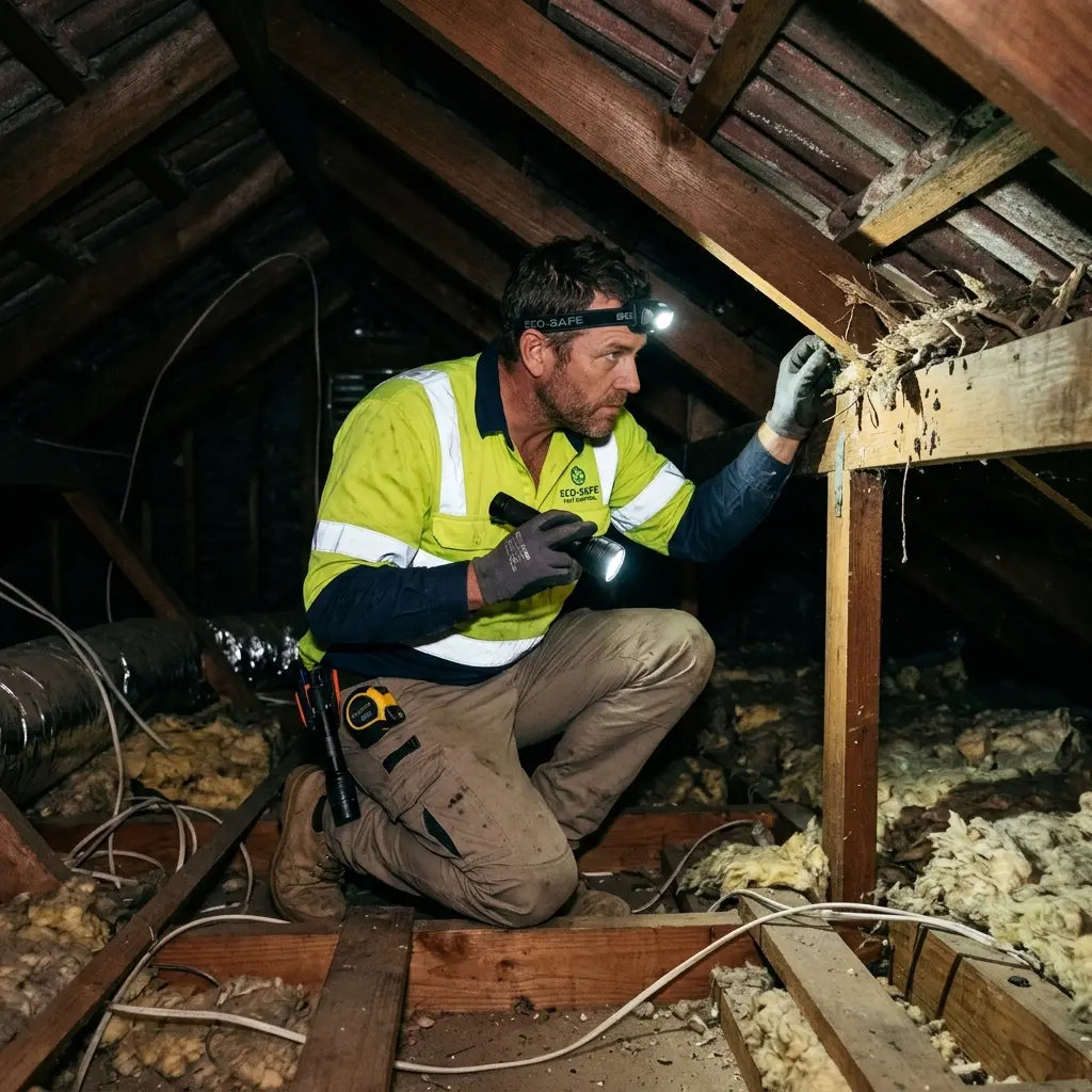 Technician inspecting a roof cavity for a dead animal in Wallace