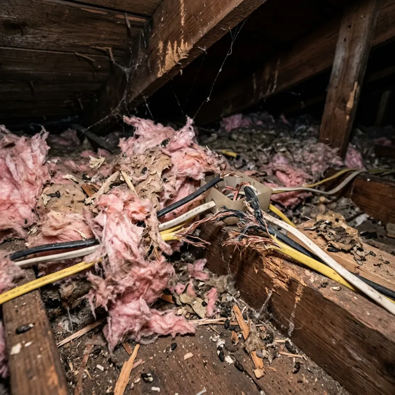 Contaminated ceiling insulation being assessed in a Wallace roof space