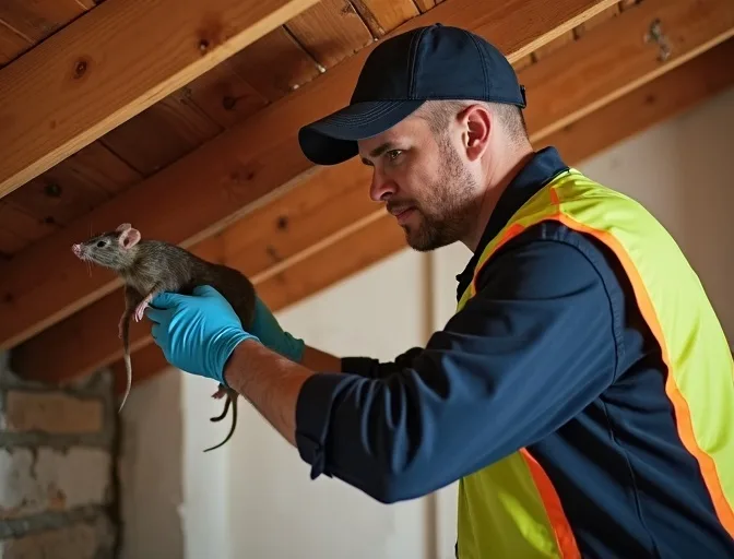 Technician inspecting a roof cavity for a dead rat in Wallace